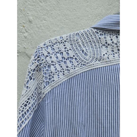 Calligraphie Anthropologie Top Large Blue White Striped Button Up Ivory Crochet - Picture 9 of 13